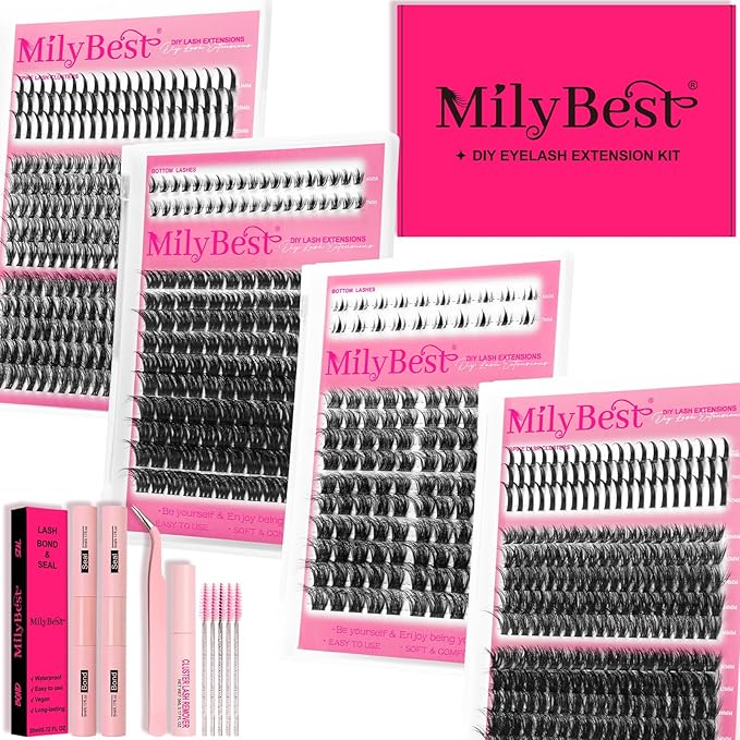 MilyBest Lash Clusters Kit 808Pcs Fluffy Eyelash Clusters D Curl Bottom Lashes Clusters 4 Styles Lash Kit with Spikes DIY Individual Eyelashes Glue Wispy Cluster Eyelash Extensions Kit De Pestañas