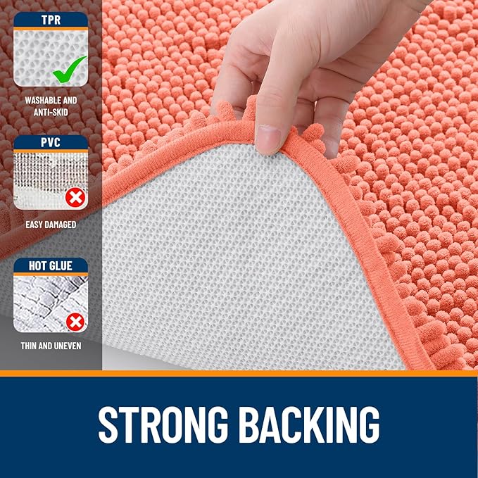OLANLY Bathroom Rugs 40x32, Extra Soft Absorbent Chenille Bath Rugs, Rubber Backing Quick Dry, Machine Washable Bath Mats for Bathroom Floor, Tub and Shower, Home Decor Accessories, Coral