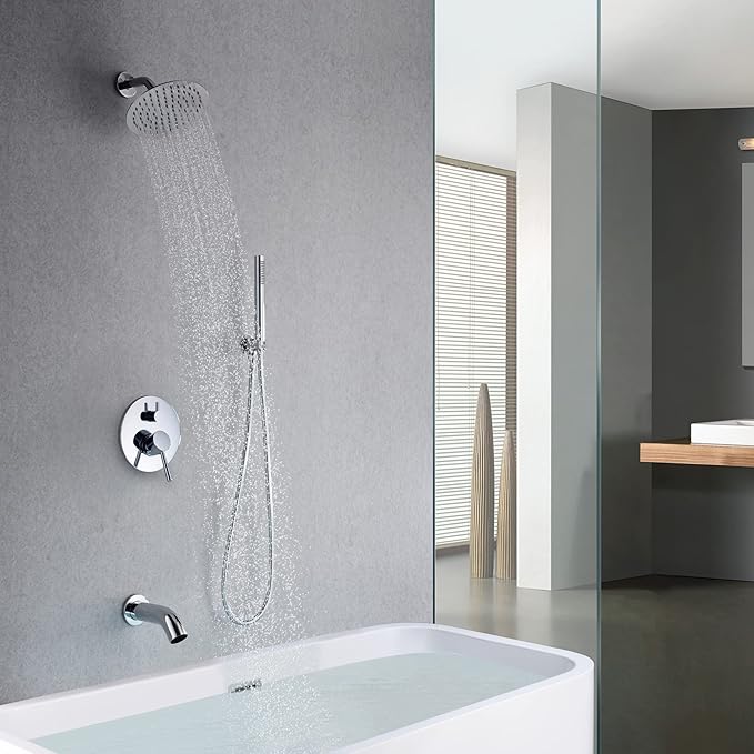 sumerain Rain Shower System with Tub Spout, Tub Shower Faucet Set with 8 inches Shower Head and Hand Shower, Valve Included Chrome