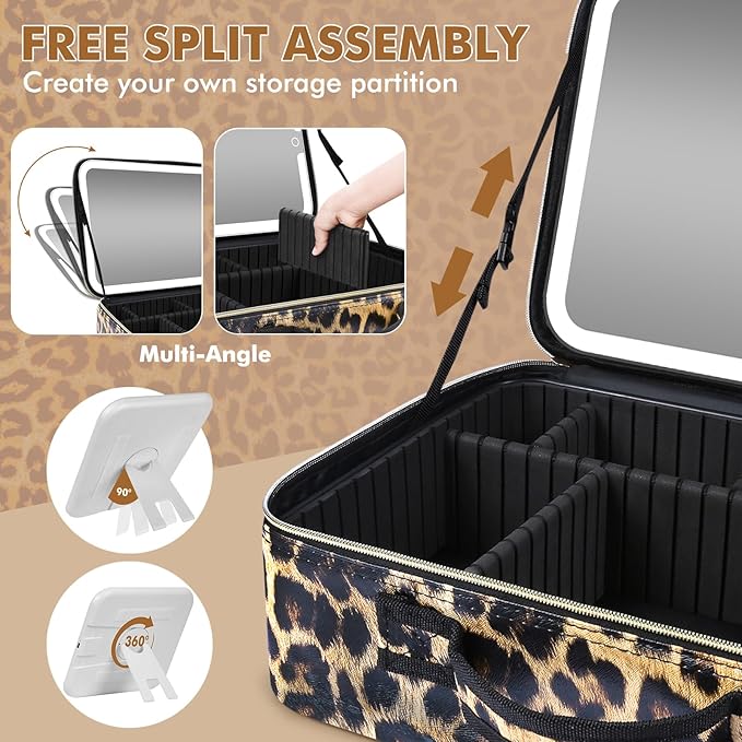 JJhxr 15''X11'' Makeup Bag with Removeable Lighted Mirror, Travel Makeup Case with 3 Color Lights Dimmable Brightness, Large Capacity Cosmetic Organizer Case with Detachable Dividers & Shoulder Strap