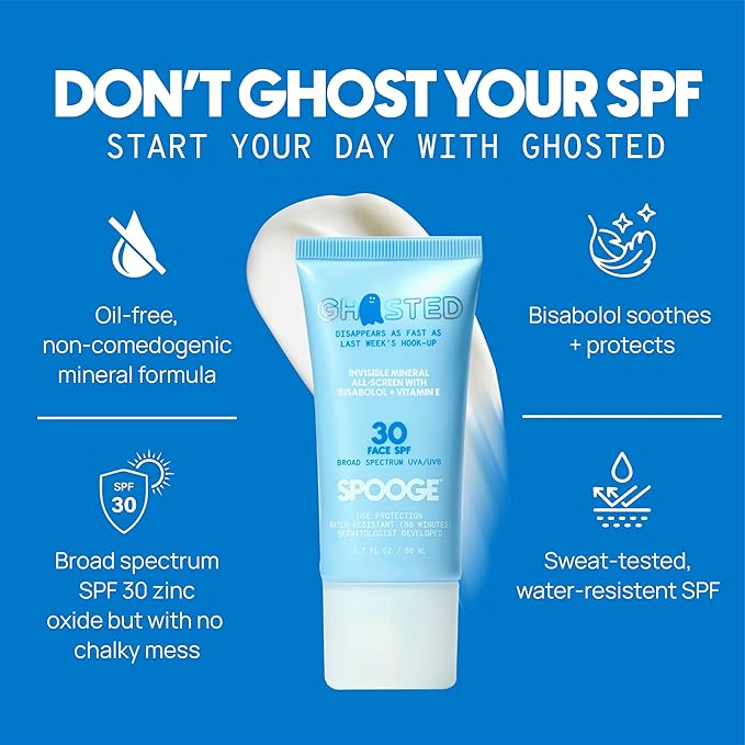 SPOOGE Ghosted Mineral All-Screen - Oil-Free SPF 30 Face Sunscreen - Dermatologist Developed with Cloud Feel Bisabolol for Daily All-Weather Care - Reef Safe, Water-Resistant, Blends Into Skin (1.7oz)