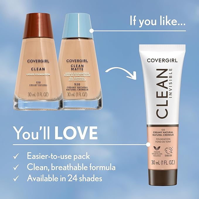 COVERGIRL Clean Invisible Foundation Makeup, Dewy & Glowy Natural Finish, Buildable Coverage, Skin-Like Smooth Look, Vegan, Warm Sun, 1oz