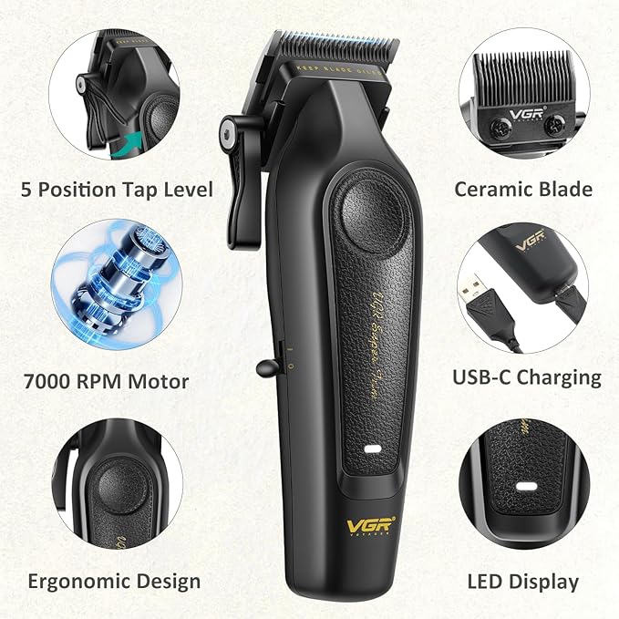 VGR 197 Professional Hair Clippers for Men, Cordless & Corded Barber Clippers with Ceramic Stainless Steel Blades, LED Indicator, Hair Cutting Kit with 6 Guide Combs & Grooming Accessories