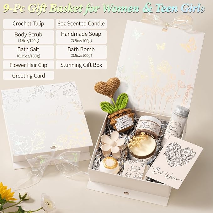 Spa Gifts for Women Bath Gift Set, Freesia & Jasmine Relaxing Spa Gift Basket Home Bath Set Self Care Kit Care Package Thank You Birthday Valentines Day Gifts for Her Women Mom Friend Teen Girl Wife