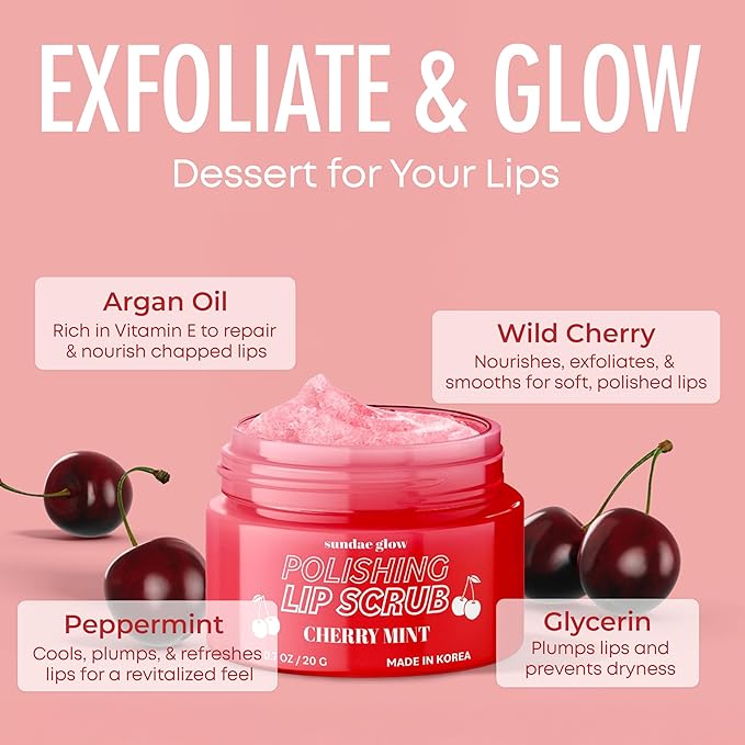 Sundae Glow Lip Scrub with Cherry Mint – Gentle Exfoliation, Deep Hydration & Lip Repair – Softens & Revitalizes Dry Cracked Lips – Dermatologist Tested, Korean Skin Care – Clean Beauty – 1 Pack