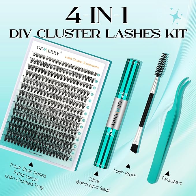 GEMERRY Lash Extension Kit DIY 280pcs Lash Clusters Kit Eyelash Extension Kit D Curl Individual Lashes Kit with Lash Bond and Seal Lash Tweezers for Self Use（50P-10-18mm)