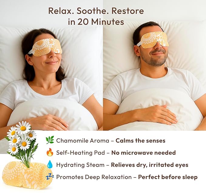 DoSensePro Steam Eye Mask - 16 Pack Chamomile Self-Heating Warm Compress for Dry Eyes, Puffy Eyes Relief, Cornea Care, and Relaxation – Soothing & Comfortable Heated Eye Pads