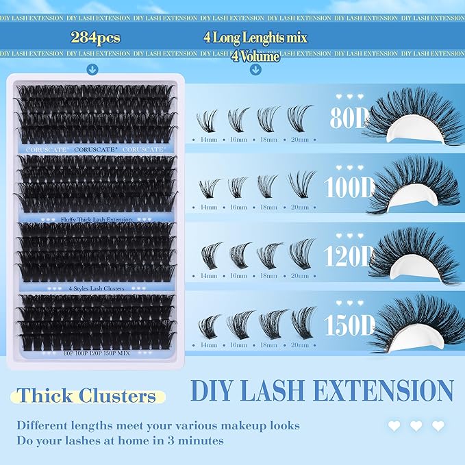 CORUSCATE Lash Clusters Long 14-20mm Eyelash Clusters 80D+100D+120D+150D Volume Cluster Eyelash Extensions Thick 284pcs Individual Lashes Strip Mink Eyelashes DIY Wispy Lash Extension