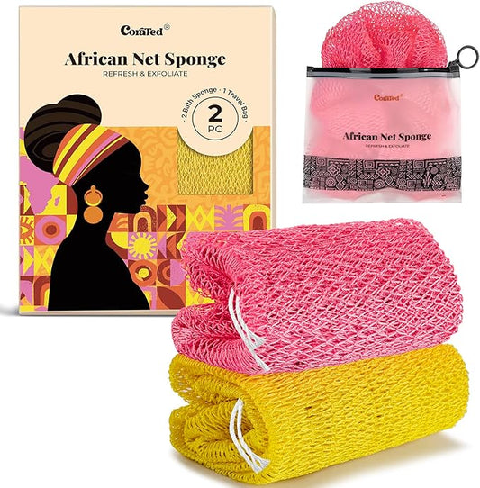CORATED African Net Sponge Authentic, Shower Loofah Exfoliating Bath Sponge, Body Scrubber for Women and Men Daily Use Body Care, Travel Portable, Durable Bath Accessories for Bathroom (Pink & Yellow)