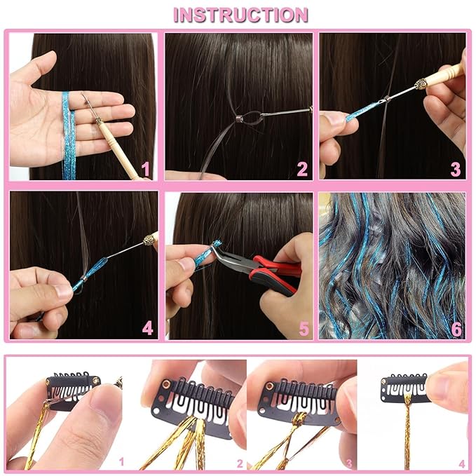 47" Holographic Hair Tinsel Shining Gold Professional Sparkle Heat-Resistant Silk Extensions, Easy to Apply, Hair Accessories for Girls, Party Hair, Gifts for Girls (1000 Strands, Shining Rainbow)