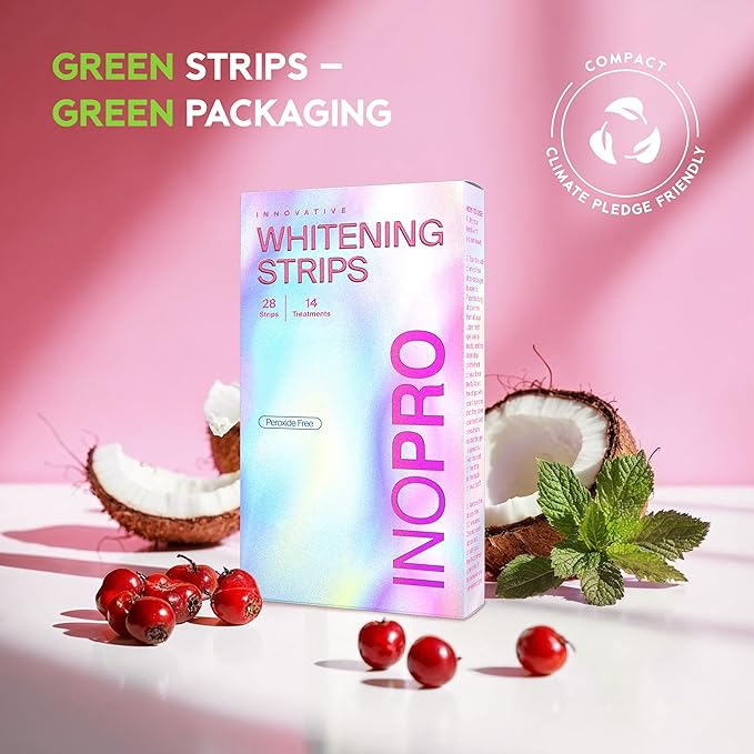 InoPro Teeth Whitening Strips 14 Treatments Kit - Enamel Safe Teeth Whitener, Peroxide-Free, Green White Strips for Teeth Whitening with Arbutin, Coconut Oil, Deep Stains Removal (28 Strips)