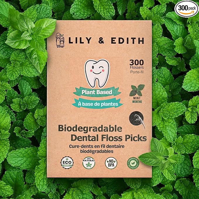 LILY & EDITH Biodegradable Dental Floss Picks Adults and Kids 300 Counts, Fluoride-Free, Plant Based Straw Wheat Material, Zero Waste Package, Shred Resistant (Mint)