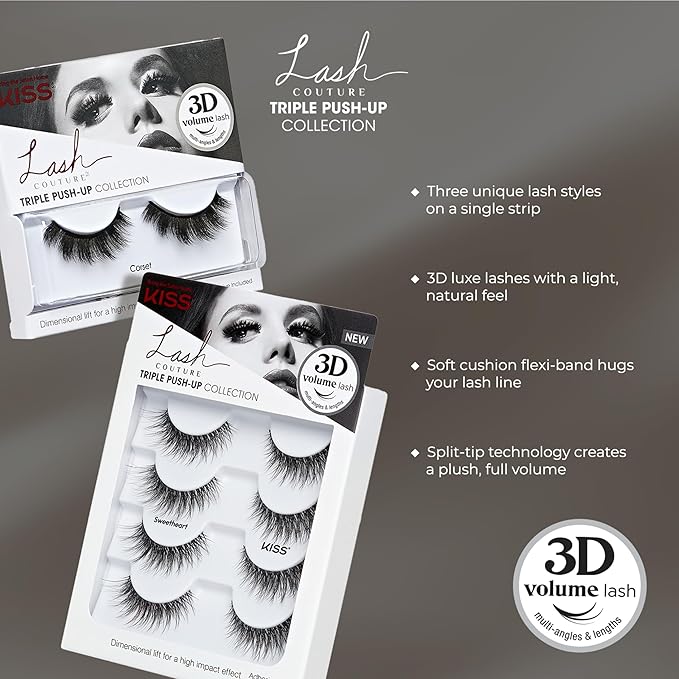 KISS Triple Push-Up, False Eyelashes, 'Robe', 12mm, Includes 4 Pairs Of Lashes, Easy to Apply, Reusable Lash Clusters