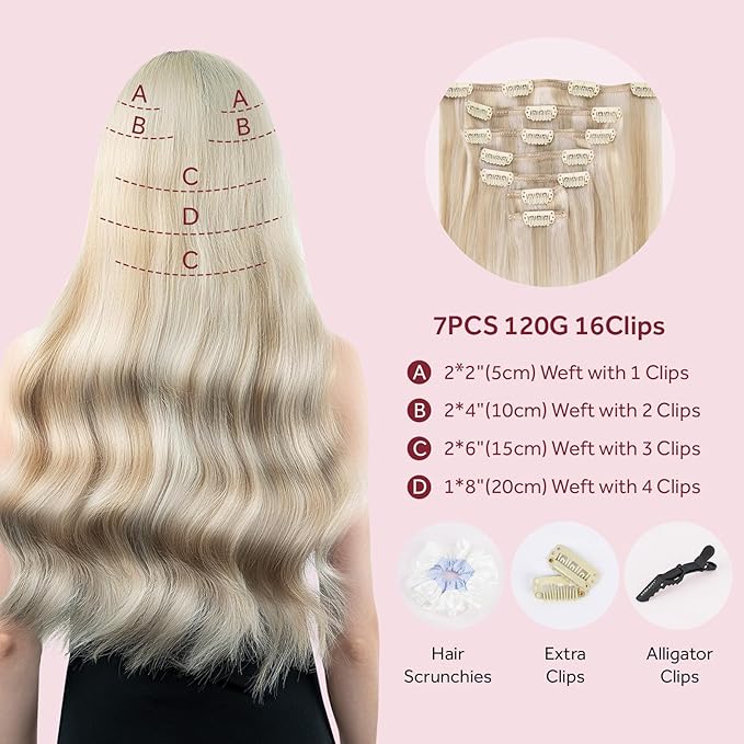Clip in Hair Extensions Real Human Hair, 100% Remy Hair Extensions Clip Ins, Dark Blonde Highlighted Bleach Blonde Hair Extension for Women, #P18A/613A 20Inch 120G 7PCS