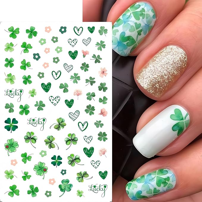 8 Sheets St. Patrick's Day Nail Art Stickers Green Shamrock 3D Self-Adhesive Nail Decals Four Leaf Clover Nail Supplies Lucky of Irish Spring Summer Lucky Leaf Nail Decor for Women Manicure DIY