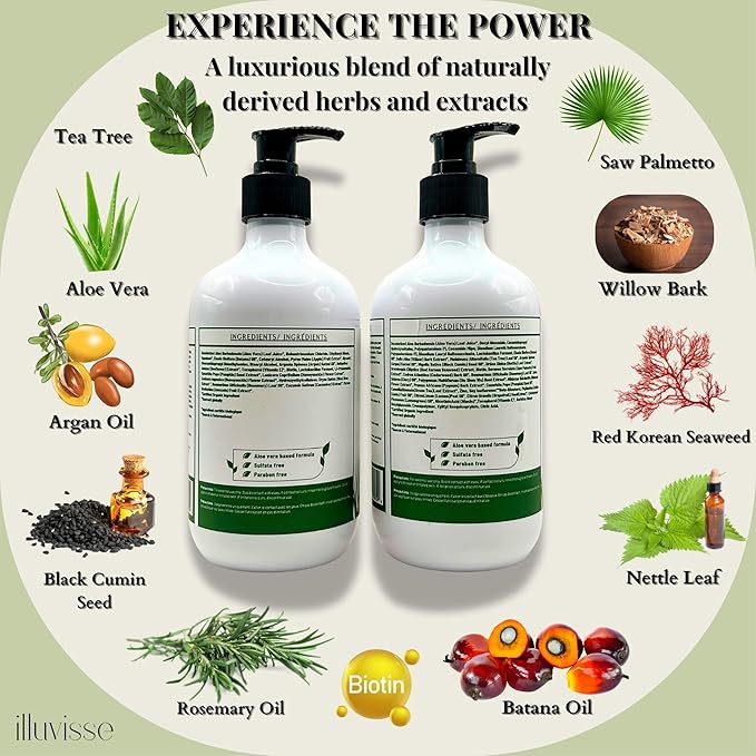 Illuvisse Batana Oil Shampoo and Conditioner Set - Natural Rosemary, Tea Tree Oil & Biotin for Hair Growth & Restoration - Thickening Formula with Organic Ingredients - For Women & Men - 500 mL