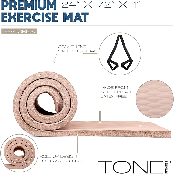 Tone Fitness 1-Inch Thick Yoga Mat | High-Density, Non-slip Exercise Mat with Carrying Strap for Yoga, Pilates, & Home Gym Workouts | Multiple Options