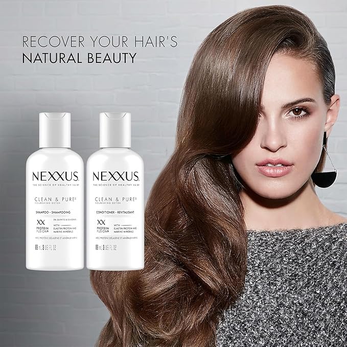 Nexxus Clean & Pure Shampoo and Conditioner, Travel-Size (6 Sets, 12 Bottles), Elastin Protein & Marine Minerals Purify & Detox, 3 Oz Ea