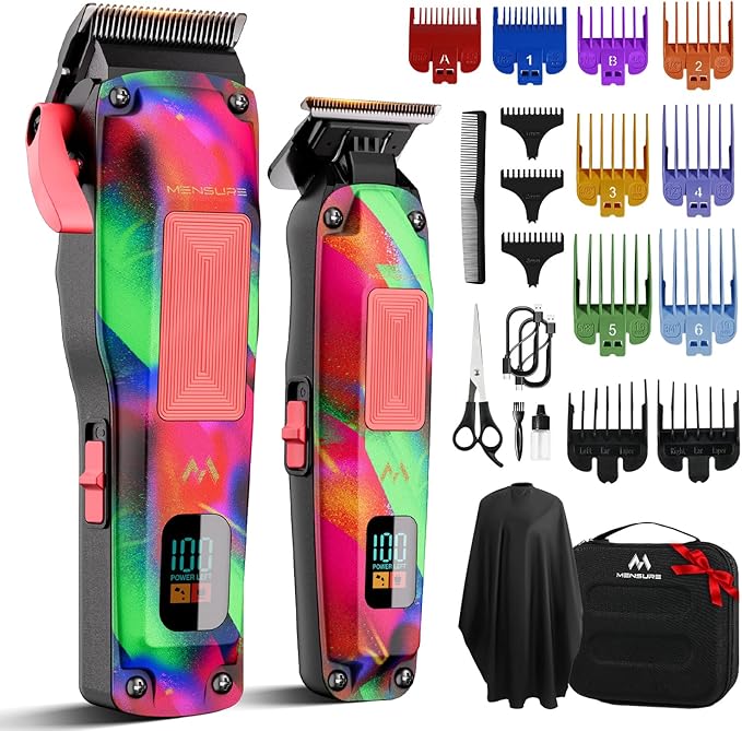Mensure Professional Hair Clippers for Men, 7500RPM Metal Barber Clippers with Graffiti Design, Zero-Gapped Adjustable Blade, Cordless Clippers Kit with Color Guide Combs & Storage Bag
