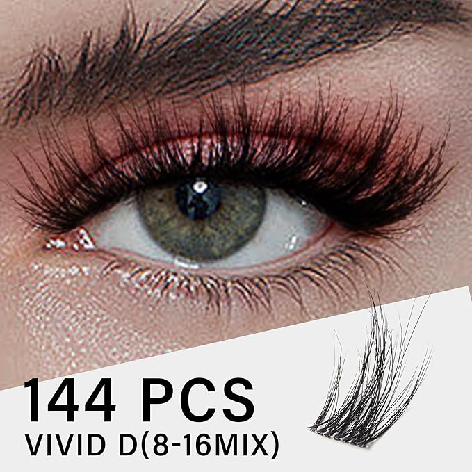 Lash Clusters 0.05mm Individual Lashes, 3D Wispy Lashes Clusters, 0.1mm Super Thin Band Resuable Natural Lashes,D Curl Faux Mink Lashes,144pcs Lash Extension (Green Vivid-D-0.05-8-16mix)