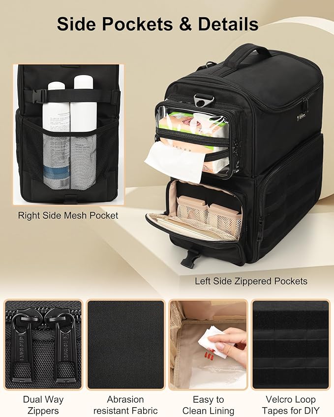Relavel Rolling Makeup Train Case, Cosmetology Case on Wheels with 4 Clear Bags and Clear Makeup Brush Case, Professional Makeup Artist Set Bags Organizer with 360° Spinner Wheels