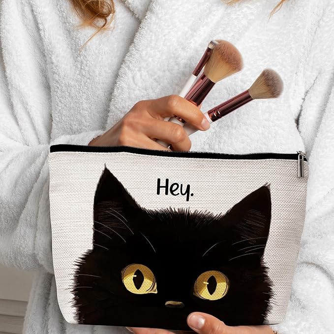 GREOXG Hey Black Cat Makeup Bag, Small Travel Cosmetic Bag with Zipper, Cute Makeup Pouch Gift Ideas for Women Teen Girls Friends Mom Sisters Teacher Birthday Christmas Wedding Graduation-E07