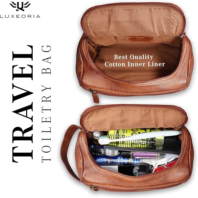 LUXEORIA Genuine Leather Toiletry Bags for Men and Women, Handmade Premium Leather Dopp Kit and Shaving Bag, Cosmetic Bag for Womens and Mens, Travel Essentials & Organizers