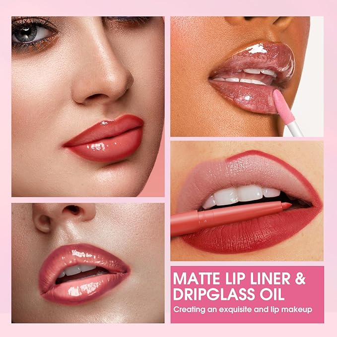 Jolilab Matte Lip Liner Lip Oil Set, Lip Makeup Set Natural Smooth Long-Lasting And Hydrating Beauty Daily Cosmetics Gift for Girls Easy-to-Use(8pcs)