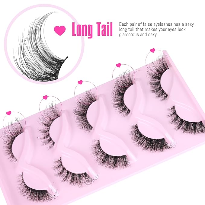 Cat Eye Lashes Fairy Eyelashes Wispy Full False Eyelashes Fox Strip Fake Eyelashes 5 Styles Mixed Fuzzy Mink Lashes with Long Tail Eye Lashes Pack 5 Pairs