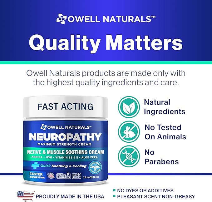 OWELL NATURALS Neuropathy Cream, Greaseless, with Arnica, Aloe Vera, MSM, Vitamin B6 for Feet, Hands, Legs, Toes, 2 Fl Oz (Pack of 3)