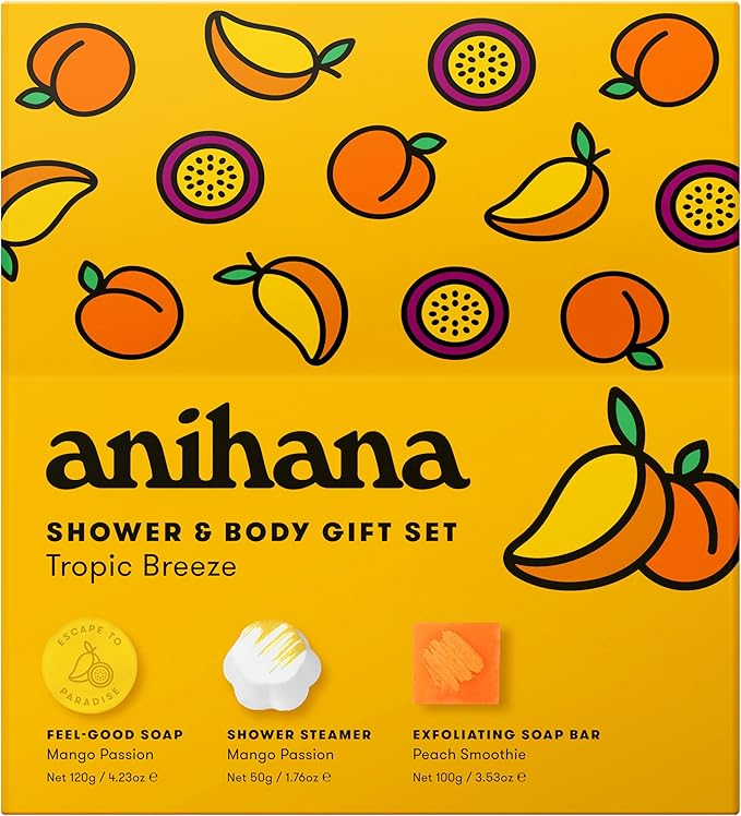 ANIHANA Tropic Breeze Shower & Body Gift Set with Shower Steamer, Body Scrub Bar and Feel-Good Soap