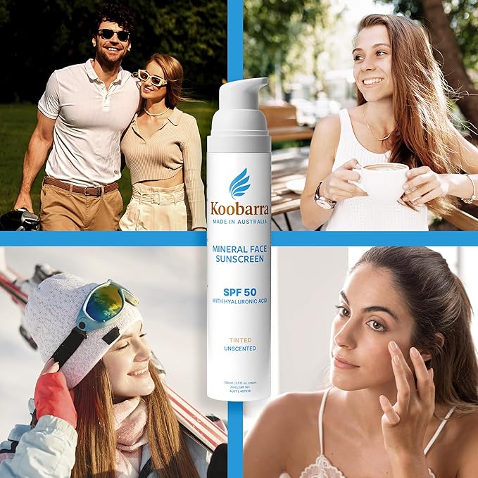 Koobarra Mineral Face Sunscreen SPF 50, Tinted Aussie Zinc Oxide Sunblock with Hydrating Hyaluronic Acid, Reef Safe, Natural, Vegan, Australian Made, Great for Sensative Skin, Unscented, 100g 3.4oz
