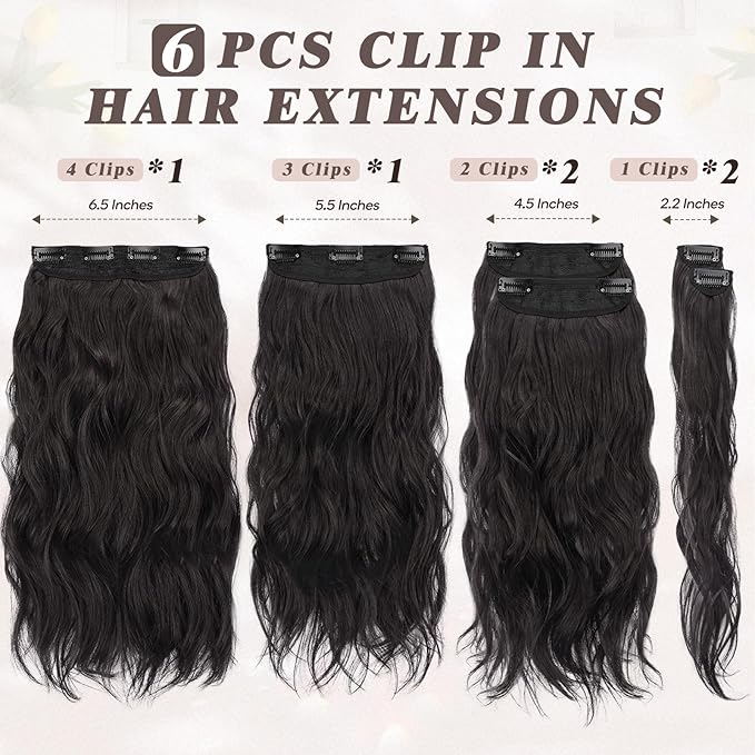 BARSDAR Beach Wavy Black Brown Clip in Hair Extensions – 16 Inch 6PCS Thick Soft Synthetic Hairpieces, Full Head Clip in Hair Extensions for Women – Voluminous Easy Wear Daily Party - Black Brown