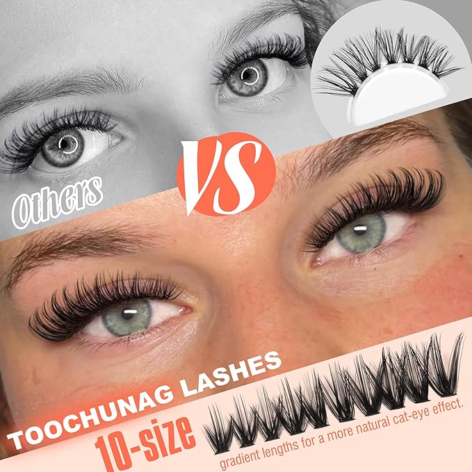 TOOCHUNAG Cat Eye Lash Clusters Kit Wispy DIY Lash Extension Kit Natural Eyelash Extension Kit 7-16mm Individual Cluster Lashes Extensions with Lash Bond and Seal, Tweezers, Brushes(30D+40D)