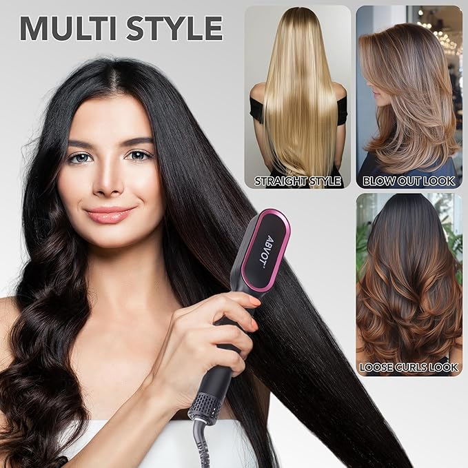 Hair Straightener Brush, HC13 Straightening Brush for Women with Hot Cool Air Blow, Fast Heat Dual Voltage Hair Straightener Brush Comb for Travel, Black