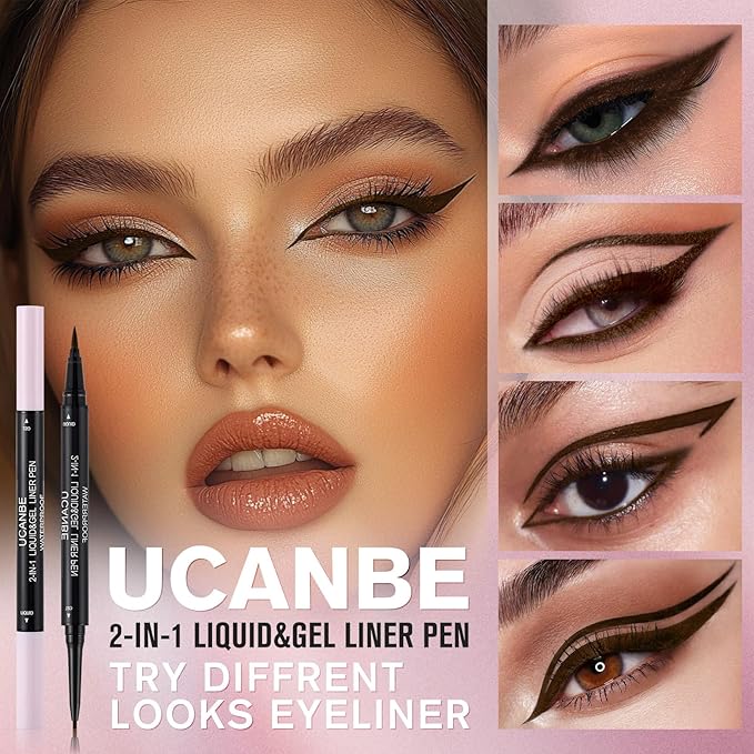 UCANBE Brown Eyeliner Pencil, Dual Ended Liquid Eye liner + Gel Eyeliner 2 in 1, Highly Pigmented & Quick Drying, Waterproof & Long Lasting Ultra-fine Tip Eye Makeup Pen