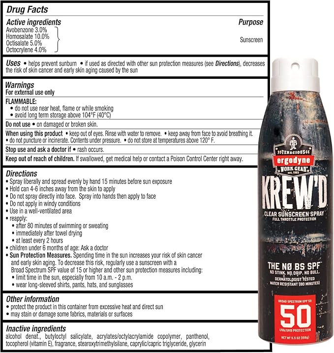 Ergodyne KREW'D 6353 Sunscreen Spray, Broad Spectrum SPF 50, Water Resistant, 5.5 oz, 12-Pack