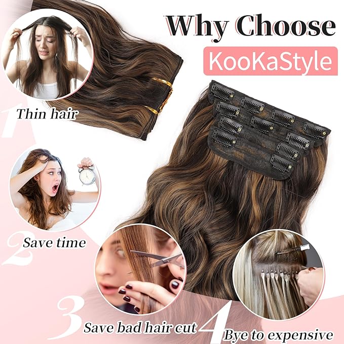KooKaStyle Clip in Hair Extensions Long Wavy 4PCS Thick Hairpieces Synthetic Highlight Hair Extensions Balayage Dark Brown to Chestnut H2/426 Fiber Double Weft Natural 24Inch for Women