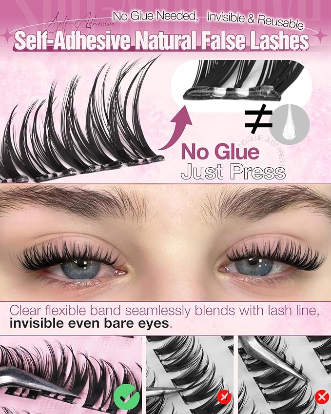 Self Adhesive Eyelashes Wispy Self Adhesive Lash Clusters Natural Clear Band Eyelash Clusters 8-14mm Short Cluster Eyelash Extensions Pre-Glued Cluster Lashes by Delyneph