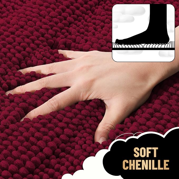 OLANLY Thick Bathroom Rugs 30x20, Extra Soft Absorbent Chenille Striped Bath Rugs, Rubber Backing, Machine Wash Dry, Bath Mats for Bathroom Floor, Tub and Shower, Home Decor Accessories, Burgundy
