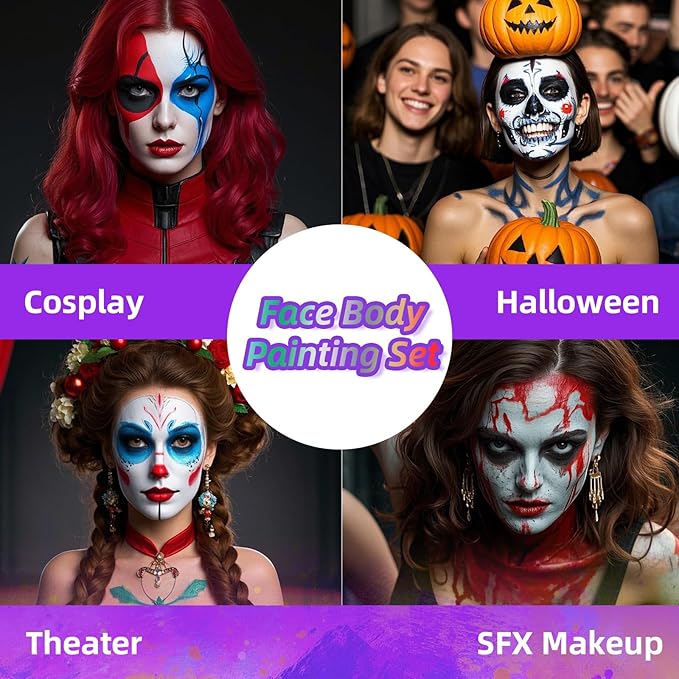 3Pcs Face Body Paint, Professional Paint for Halloween Cosplay Costume Party, Full-coverage Multi-Color Cream Makeup Body Paint for Adult Halloween Cosplay SFX Makeup Paint (Black+Blue+Red)