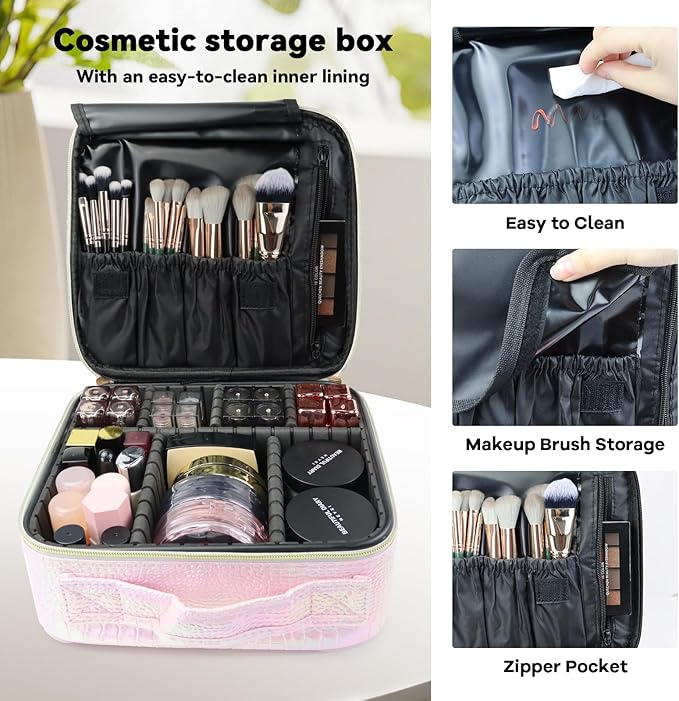 SLUMAZI Travel Makeup Bag Makeup Cosmetic Train Case Organizer Portable Storage Bag with Adjustable Dividers for Cosmetics Makeup Brushes Toiletry Jewelry Colored Crocodile Pattern
