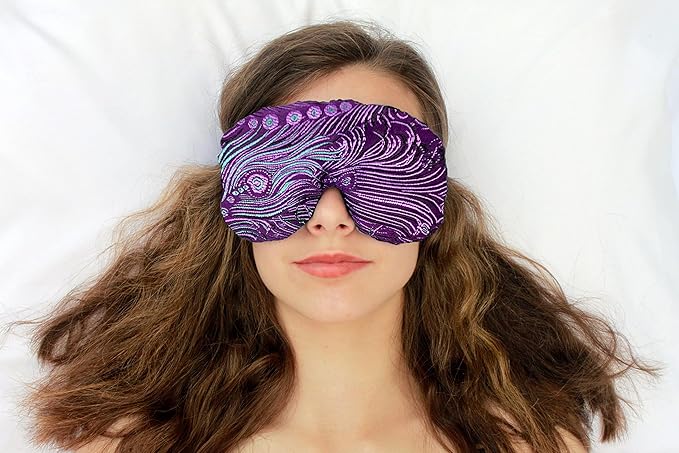 Candi Andi Handmade Opulence Yoga Eye Pillow - Weighted Flaxseed Fill, Lavender Aromatherapy, Satin & Velvet, Adjustable Strap - Ideal for Meditation & Restful Sleep - Violet Peacock - TEMFL-VP