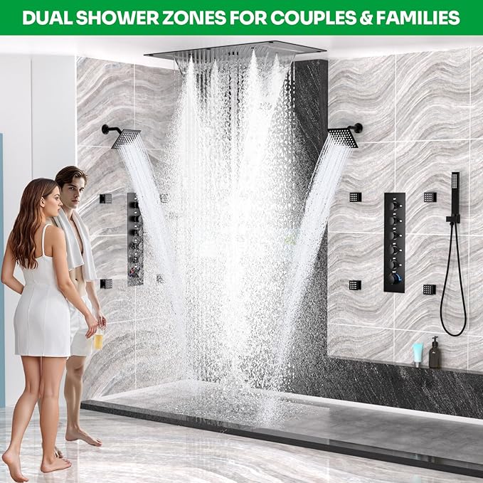 HOMEDEC Luxury Dual Shower System for Couples, 15x28" Rain 4-Function and Dual 6" Side Wall Mounted Shower Heads, with 5-Way Diverter Valves, Black
