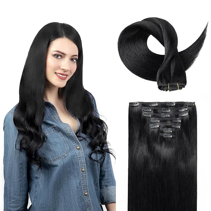 Clip in Hair Extensions Real Human Hair, Jet Black 100% Human Hair Extensions Clip in, Tangle-free Silky Straight Hair Extensions for Women, #1 24Inch 120G 7PCS