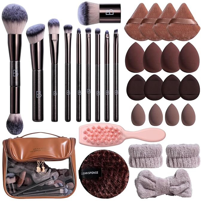 BS-MALL Professional Makeup Brushes Set With Makeup Sponge Set,double-ended Makeup Brush,foundation Brush For Liquid Makeup,kabuki Brush, Shampoo comb And Face Washing Kit,Travel Makeup Bag