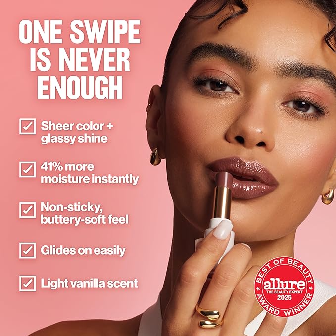 REVLON Super Lustrous Glass Shine Balm, Hydrating Tinted Lip Balm with Hyaluronic Acid, Aloe & Rose Quartz, 007 Glazed Mauve, 0.11 oz