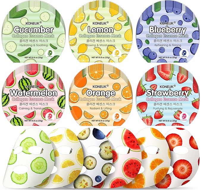KONEUK 36 Pack Colorful Fruit Face Mask Set, Hydrating & Moisturizing, Bulk Sheet Facial Mask for All Skin Types, Collagen Face Masks Skincare for Women, Valentines Day Gifts and Spa Party Gifts