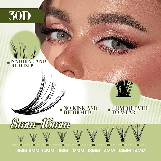 FADVAN Lash Extension Kit DIY 280pcs Individual Lash Clusters Kit 30D Natural 8-14mm Cluster Eyelash Extensions Kit with Lash Bond and Seal, Lash Tweezers for Self Use (30D, 0.07D, 8-14mm, Kit)