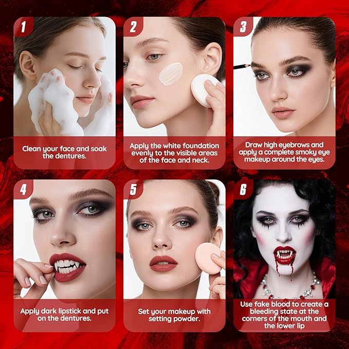 Halloween Vampire SFX Makeup Kit, Complete Makeup Set Include White Liquid Foundation, Vampire Teeth Fangs, Fake Blood, Setting Powder, Eyeshadow & Black Lipstick for Cosplay, Carnival